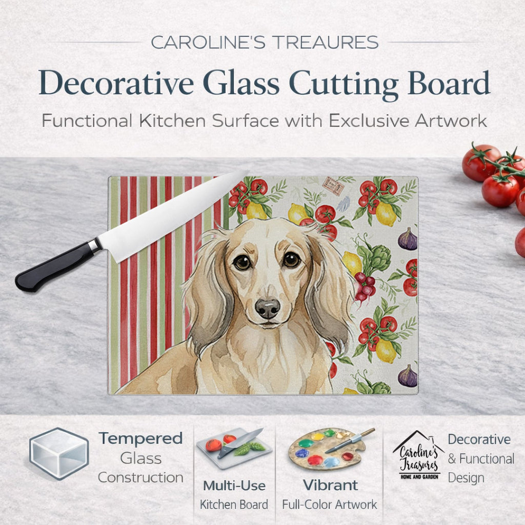 Longhaired Cream Dachshund Vegetables Cutting Board Tempered Glass Kitchen Cutting Surface, Heat Resistant Chopping, Non-Slip Feet, Food Prep & Serving