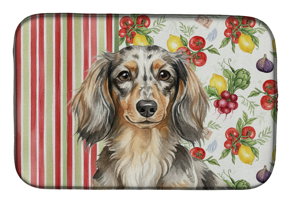Longhaired Dapple Dachshund Vegetables Dish Drying Mat Absorbent Dish Drying Mat Pad for Kitchen Counter Dish Drainer Mat for Countertop, 14 x 21", Multicolor