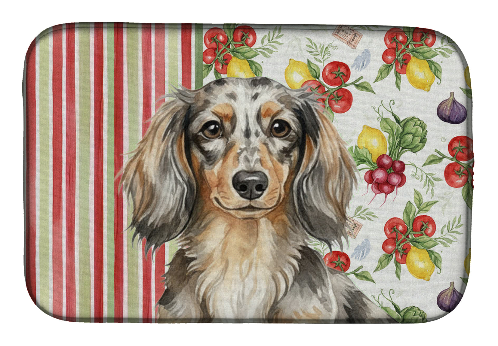 Longhaired Dapple Dachshund Vegetables Dish Drying Mat Absorbent Dish Drying Mat Pad for Kitchen Counter Dish Drainer Mat for Countertop, 14 x 21", Multicolor