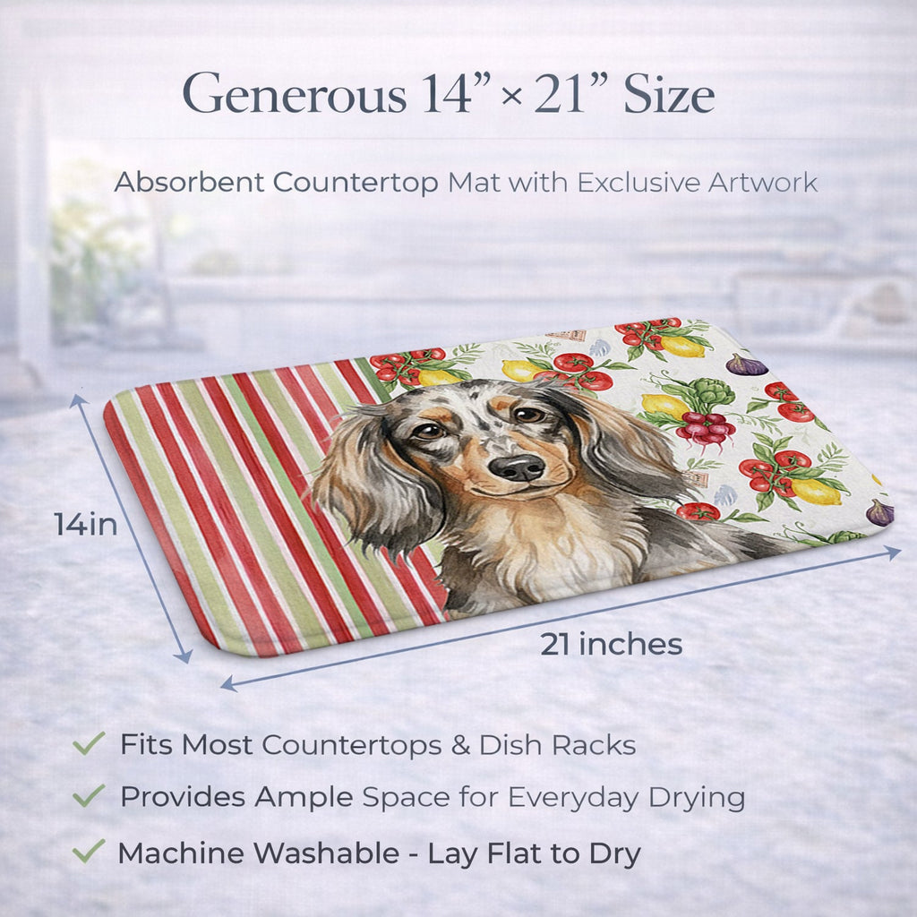 Longhaired Dapple Dachshund Vegetables Dish Drying Mat Absorbent Dish Drying Mat Pad for Kitchen Counter Dish Drainer Mat for Countertop, 14 x 21", Multicolor