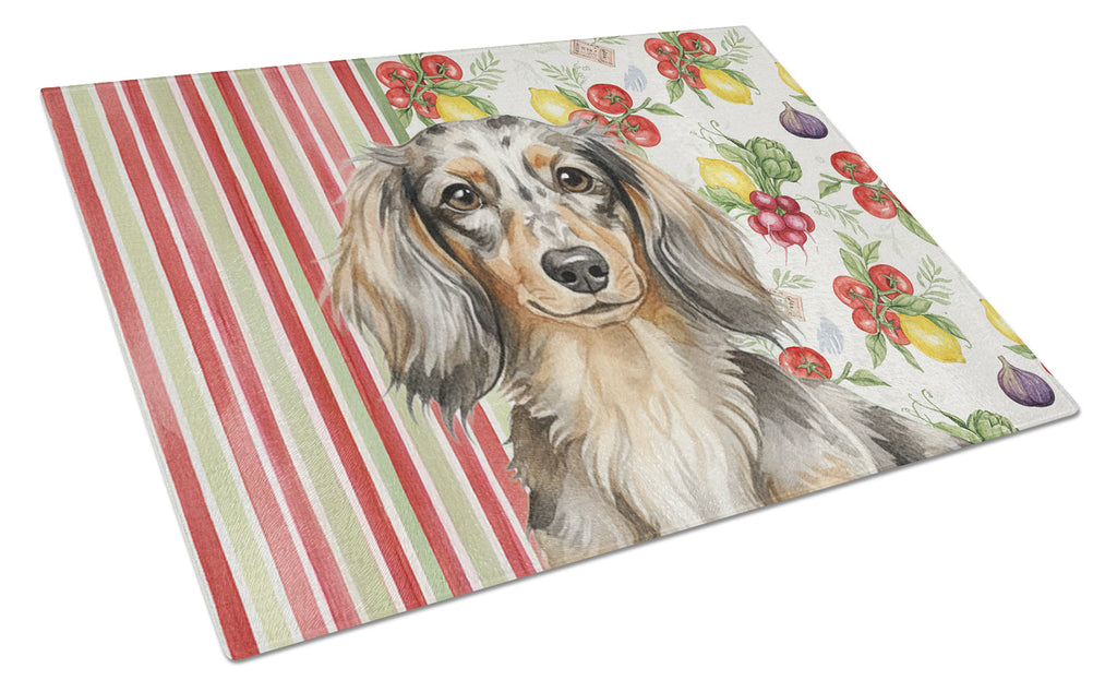 Longhaired Dapple Dachshund Vegetables Cutting Board Tempered Glass Kitchen Cutting Surface, Heat Resistant Chopping, Non-Slip Feet, Food Prep & Serving