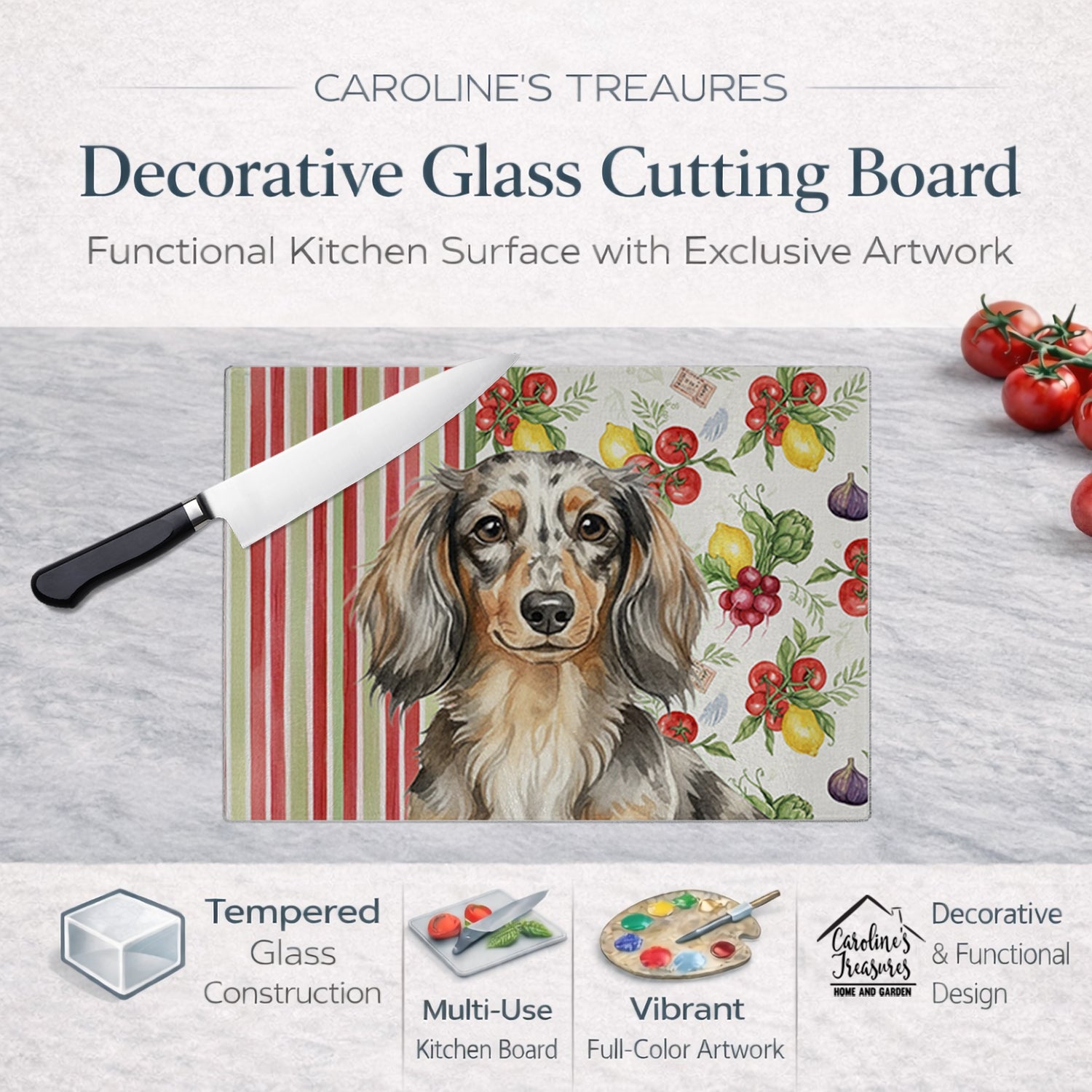 Longhaired Dapple Dachshund Vegetables Cutting Board Tempered Glass Kitchen Cutting Surface, Heat Resistant Chopping, Non-Slip Feet, Food Prep & Serving