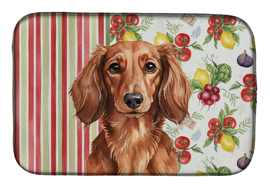 Longhaired Red Dachshund Vegetables Dish Drying Mat Absorbent Dish Drying Mat Pad for Kitchen Counter Dish Drainer Mat for Countertop, 14 x 21", Multicolor