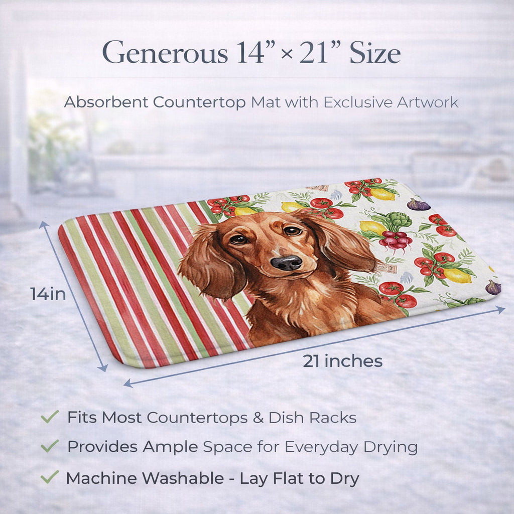 Longhaired Red Dachshund Vegetables Dish Drying Mat Absorbent Dish Drying Mat Pad for Kitchen Counter Dish Drainer Mat for Countertop, 14 x 21", Multicolor