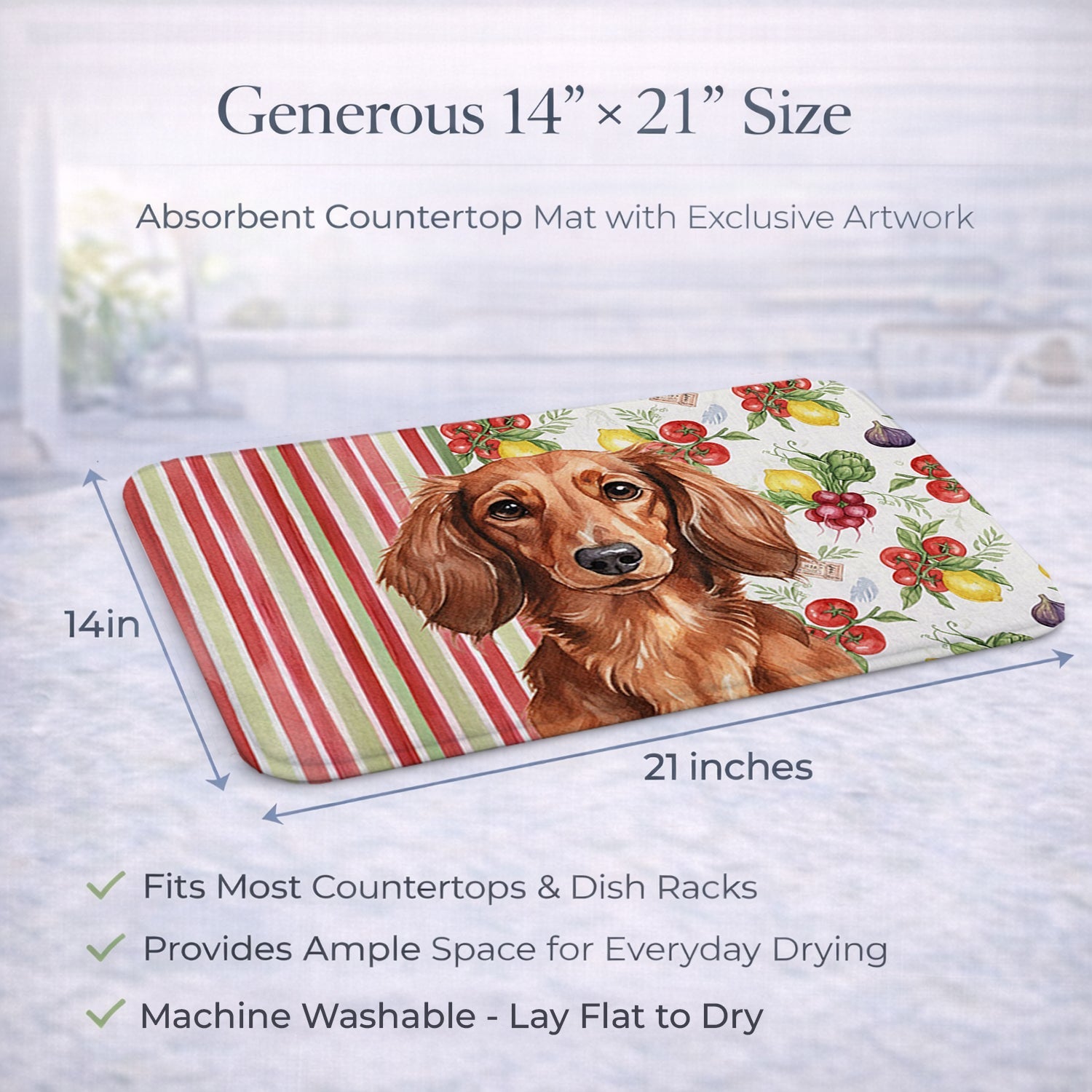 Longhaired Red Dachshund Vegetables Dish Drying Mat Absorbent Dish Drying Mat Pad for Kitchen Counter Dish Drainer Mat for Countertop, 14 x 21", Multicolor
