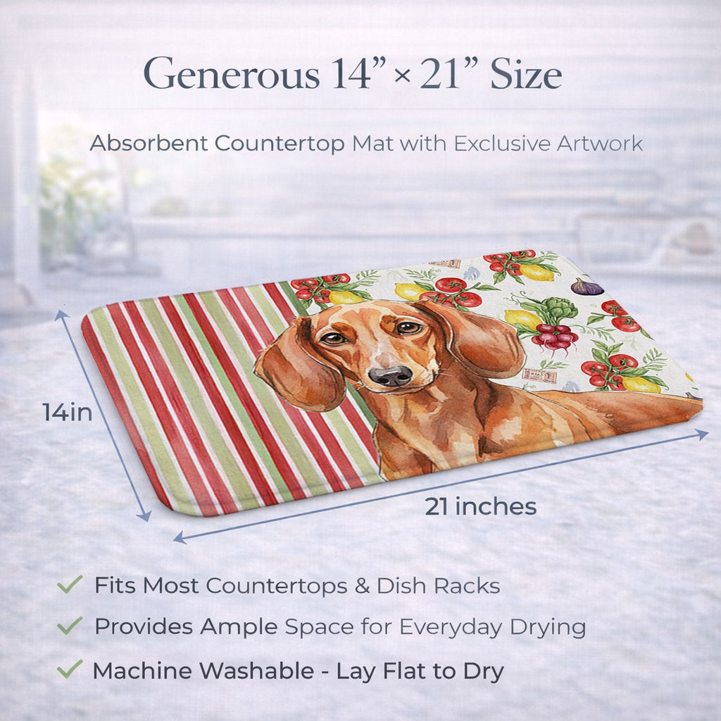 Red Brown Dachshund Vegetables Dish Drying Mat Absorbent Dish Drying Mat Pad for Kitchen Counter Dish Drainer Mat for Countertop, 14 x 21", Multicolor
