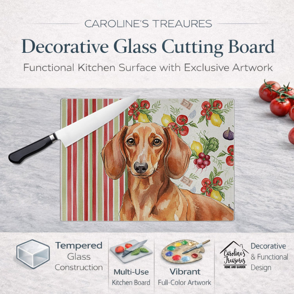 Red Brown Dachshund Vegetables Cutting Board Tempered Glass Kitchen Cutting Surface, Heat Resistant Chopping, Non-Slip Feet, Food Prep & Serving