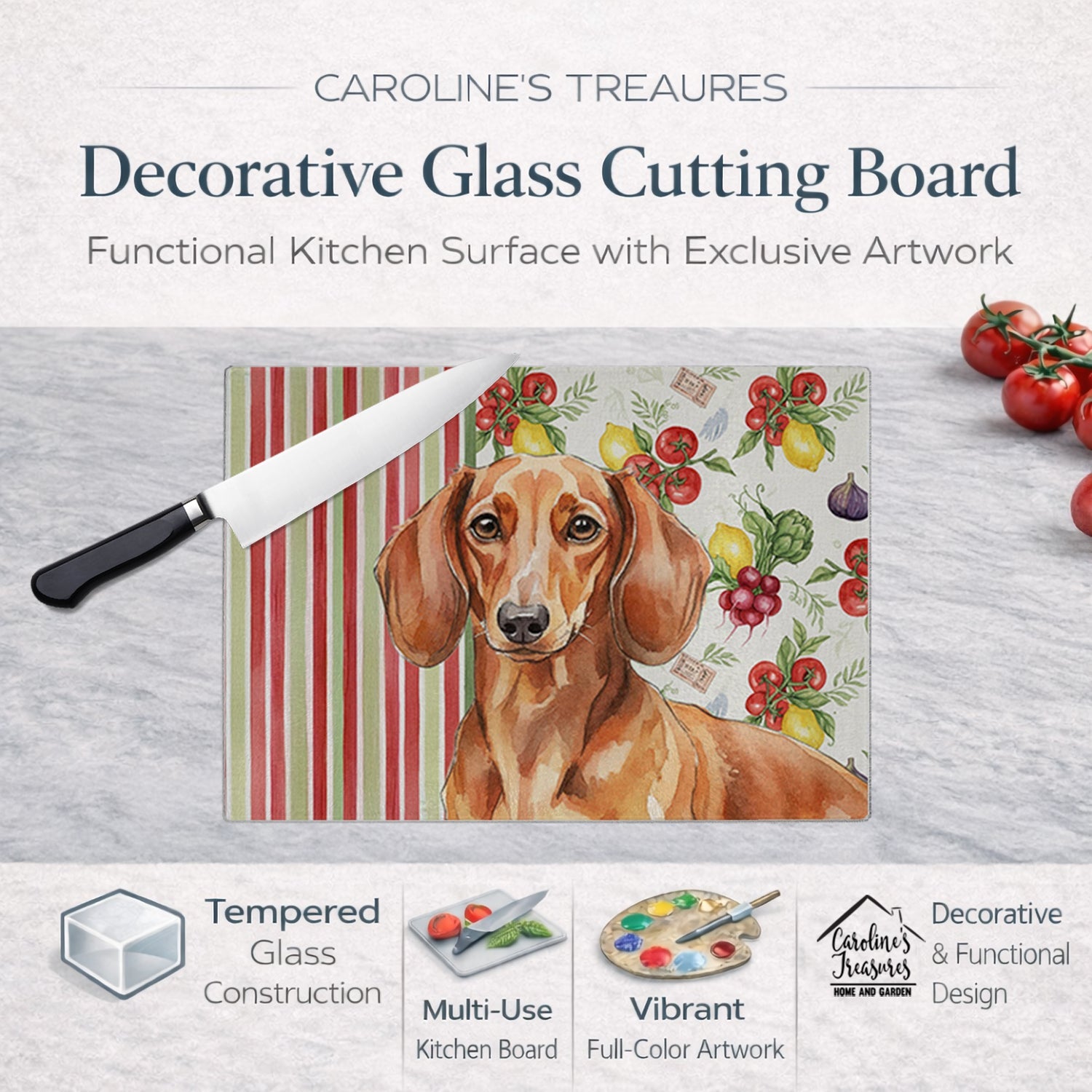 Red Brown Dachshund Vegetables Cutting Board Tempered Glass Kitchen Cutting Surface, Heat Resistant Chopping, Non-Slip Feet, Food Prep & Serving