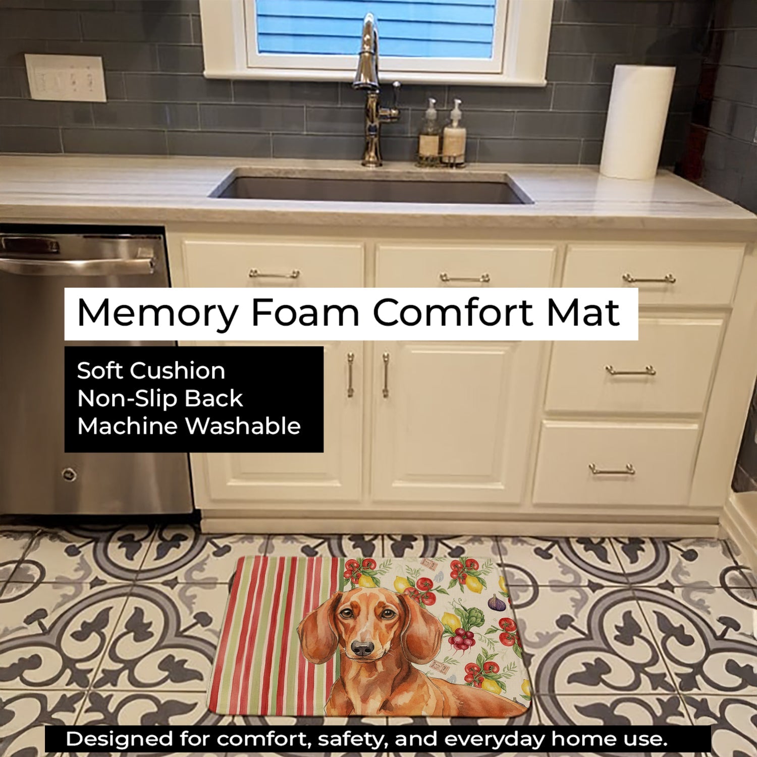 Red Brown Dachshund Vegetables Memory Foam Kitchen Mat Machine Washable Anti-Fatigue Cushion Comfort Bath or Kitchen Rug