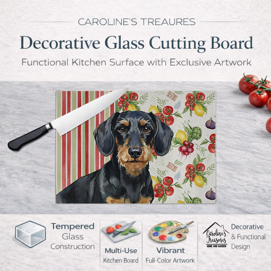 Wirehaired Black and Tan Dachshund Vegetables Cutting Board Tempered Glass Kitchen Cutting Surface, Heat Resistant Chopping, Non-Slip Feet, Food Prep & Serving