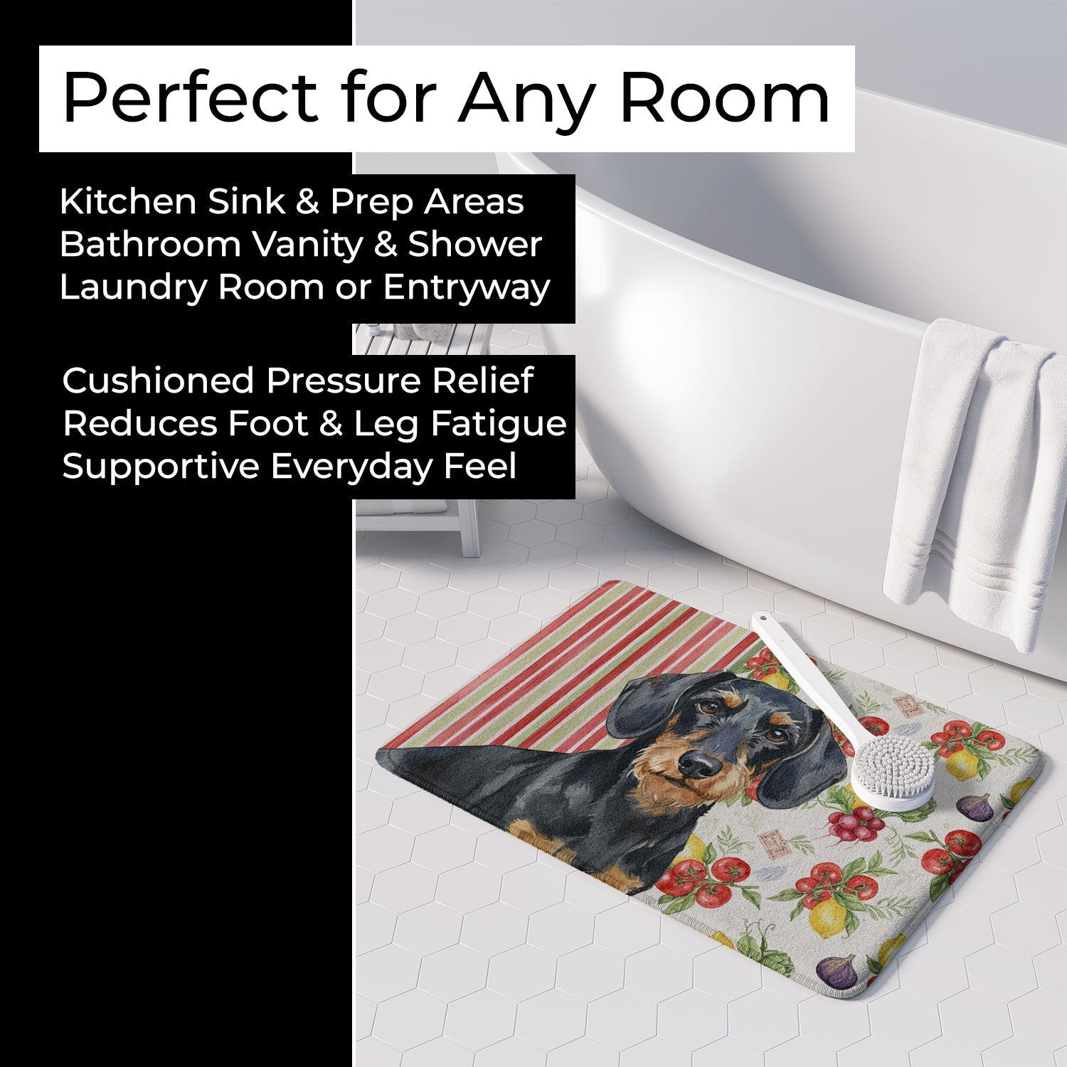 Wirehaired Black and Tan Dachshund Vegetables Memory Foam Kitchen Mat Machine Washable Anti-Fatigue Cushion Comfort Bath or Kitchen Rug