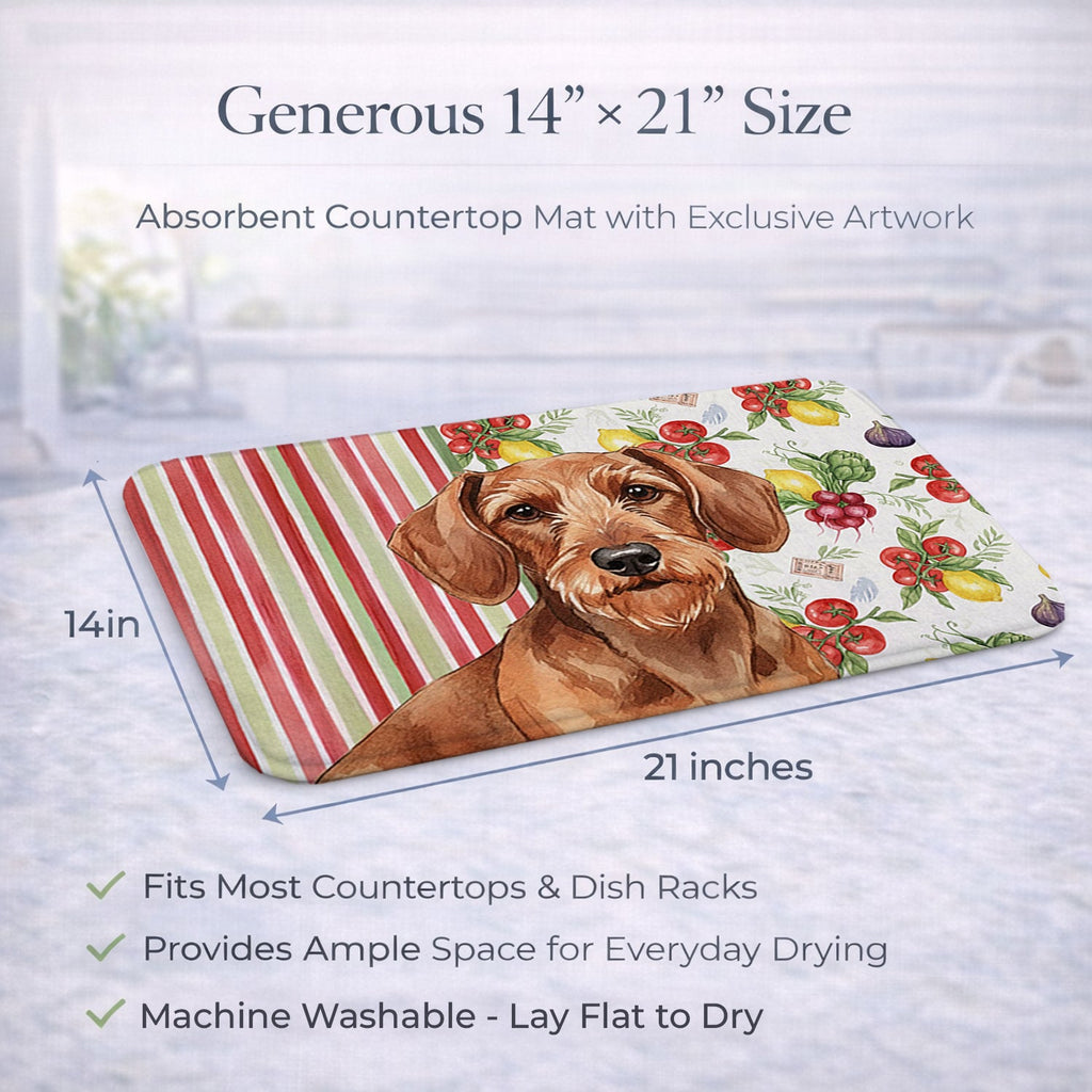 Wirehaired Red Dachshund Vegetables Dish Drying Mat Absorbent Dish Drying Mat Pad for Kitchen Counter Dish Drainer Mat for Countertop, 14 x 21", Multicolor