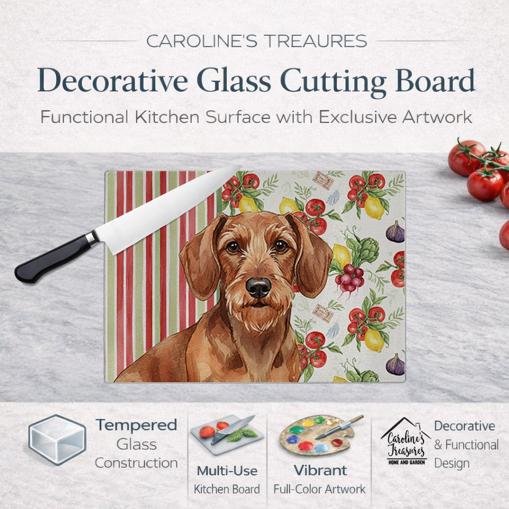 Wirehaired Red Dachshund Vegetables Cutting Board Tempered Glass Kitchen Cutting Surface, Heat Resistant Chopping, Non-Slip Feet, Food Prep & Serving