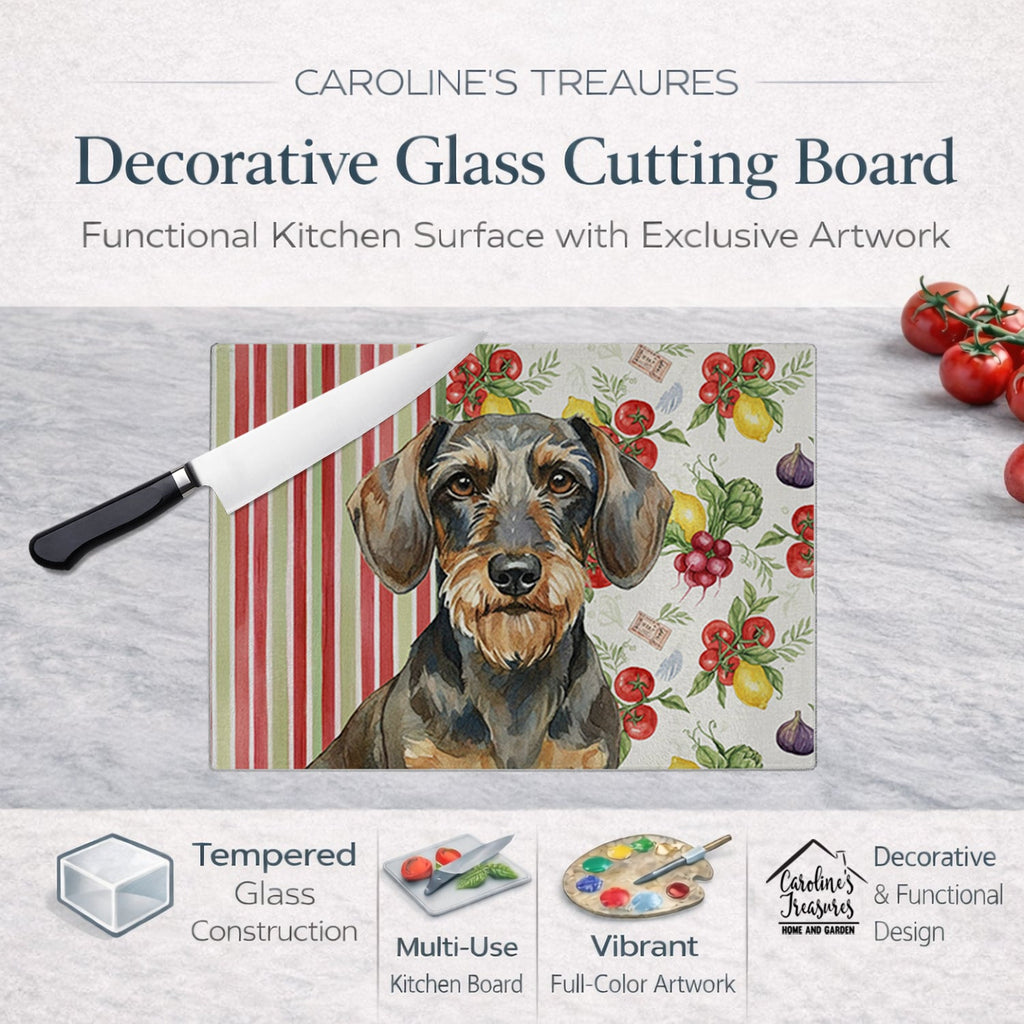 Wirehaired Wild Boar Dachshund Vegetables Cutting Board Tempered Glass Kitchen Cutting Surface, Heat Resistant Chopping, Non-Slip Feet, Food Prep & Serving