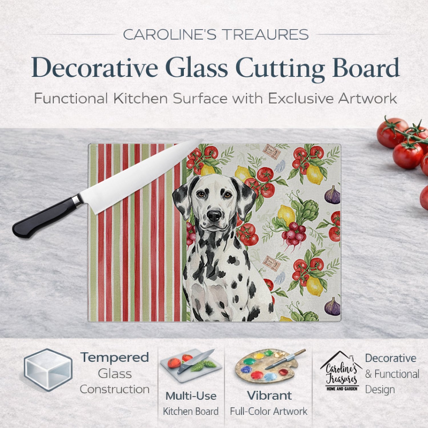 Dalmatian Vegetables Cutting Board Tempered Glass Kitchen Cutting Surface, Heat Resistant Chopping, Non-Slip Feet, Food Prep & Serving