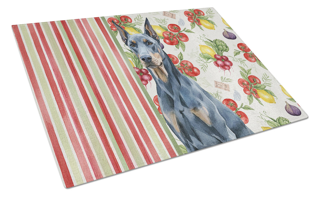Blue Doberman Pinscher Vegetables Cutting Board Tempered Glass Kitchen Cutting Surface, Heat Resistant Chopping, Non-Slip Feet, Food Prep & Serving