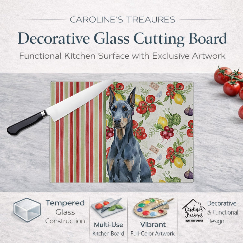 Blue Doberman Pinscher Vegetables Cutting Board Tempered Glass Kitchen Cutting Surface, Heat Resistant Chopping, Non-Slip Feet, Food Prep & Serving