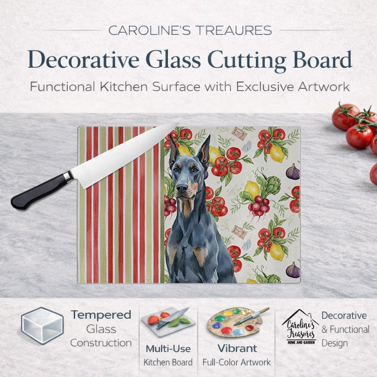 Blue Doberman Pinscher Vegetables Cutting Board Tempered Glass Kitchen Cutting Surface, Heat Resistant Chopping, Non-Slip Feet, Food Prep & Serving