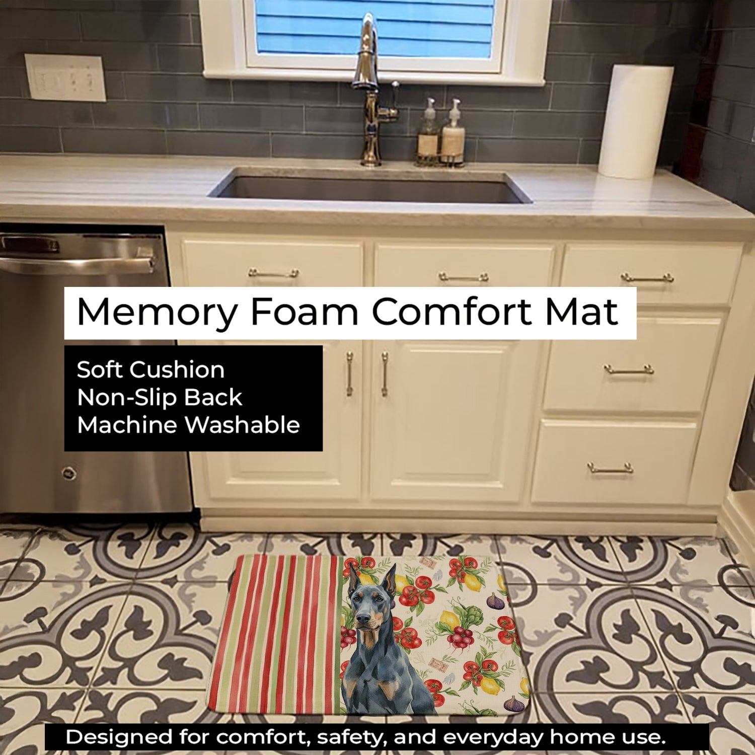 Blue Doberman Pinscher Vegetables Memory Foam Kitchen Mat Machine Washable Anti-Fatigue Cushion Comfort Bath or Kitchen Rug