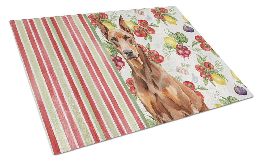 Red Doberman Pinscher Vegetables Cutting Board Tempered Glass Kitchen Cutting Surface, Heat Resistant Chopping, Non-Slip Feet, Food Prep & Serving