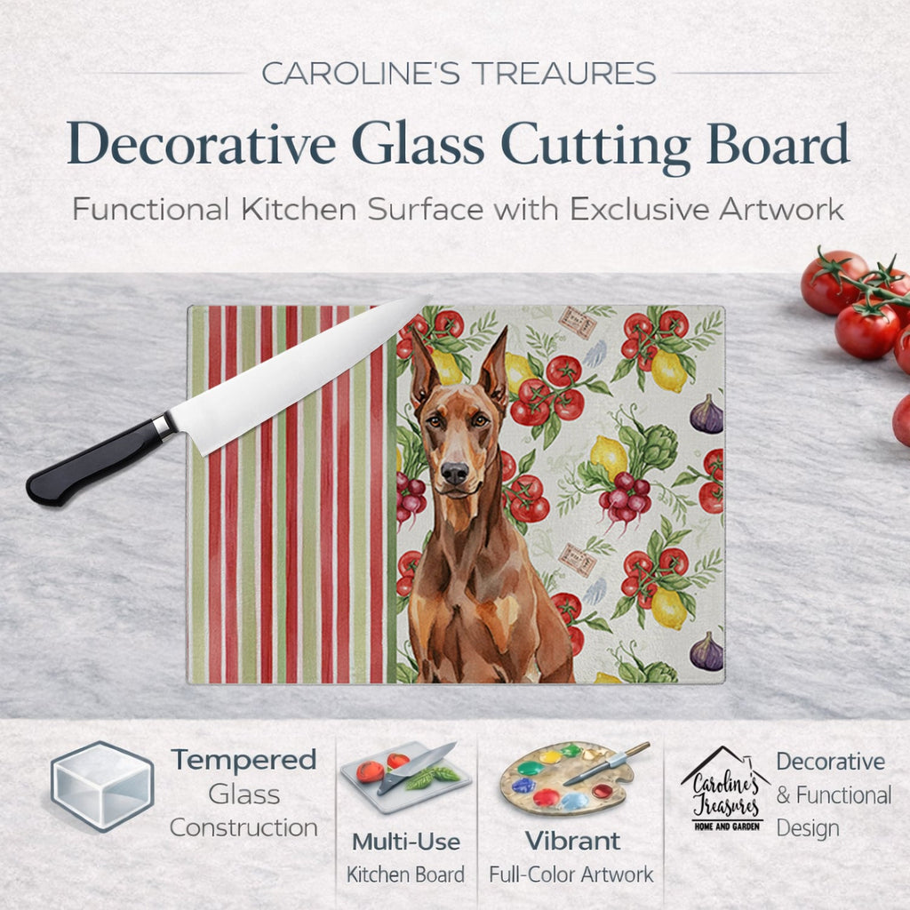 Red Doberman Pinscher Vegetables Cutting Board Tempered Glass Kitchen Cutting Surface, Heat Resistant Chopping, Non-Slip Feet, Food Prep & Serving