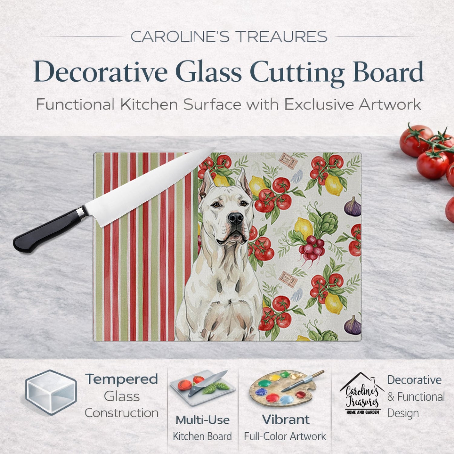 Dogo Argentino Vegetables Cutting Board Tempered Glass Kitchen Cutting Surface, Heat Resistant Chopping, Non-Slip Feet, Food Prep & Serving