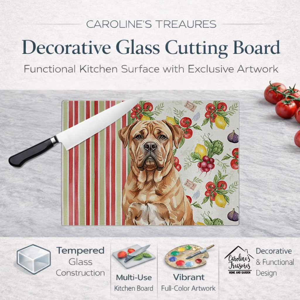 Dogue de Bordeaux Vegetables Cutting Board Tempered Glass Kitchen Cutting Surface, Heat Resistant Chopping, Non-Slip Feet, Food Prep & Serving