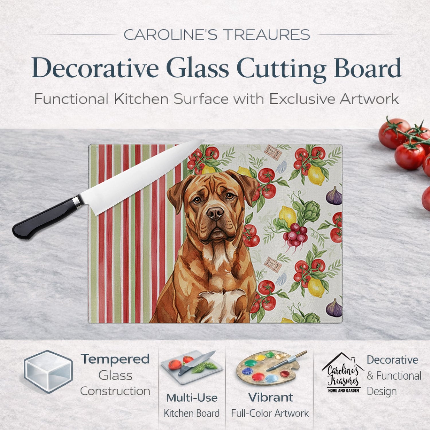 Mahogany Dogue de Bordeaux Vegetables Cutting Board Tempered Glass Kitchen Cutting Surface, Heat Resistant Chopping, Non-Slip Feet, Food Prep & Serving