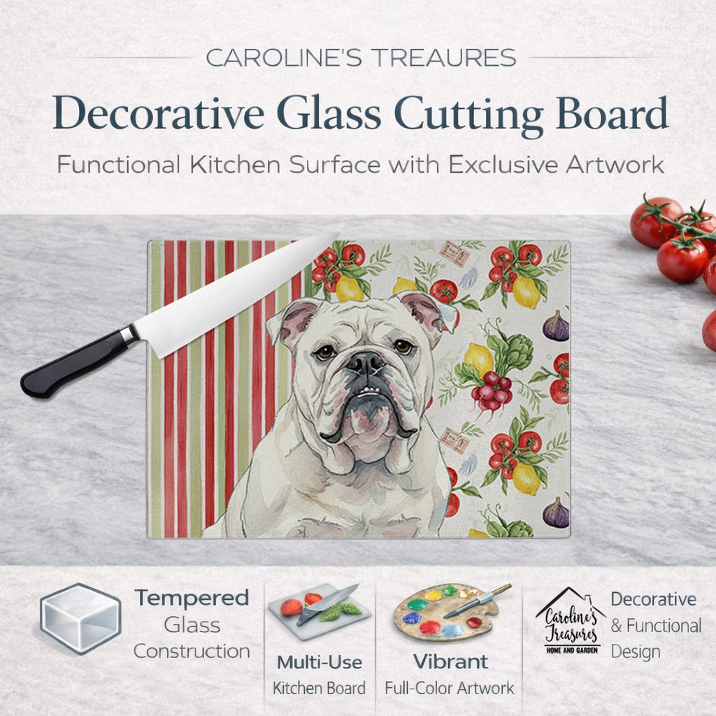 White English Bulldog Vegetables Cutting Board Tempered Glass Kitchen Cutting Surface, Heat Resistant Chopping, Non-Slip Feet, Food Prep & Serving