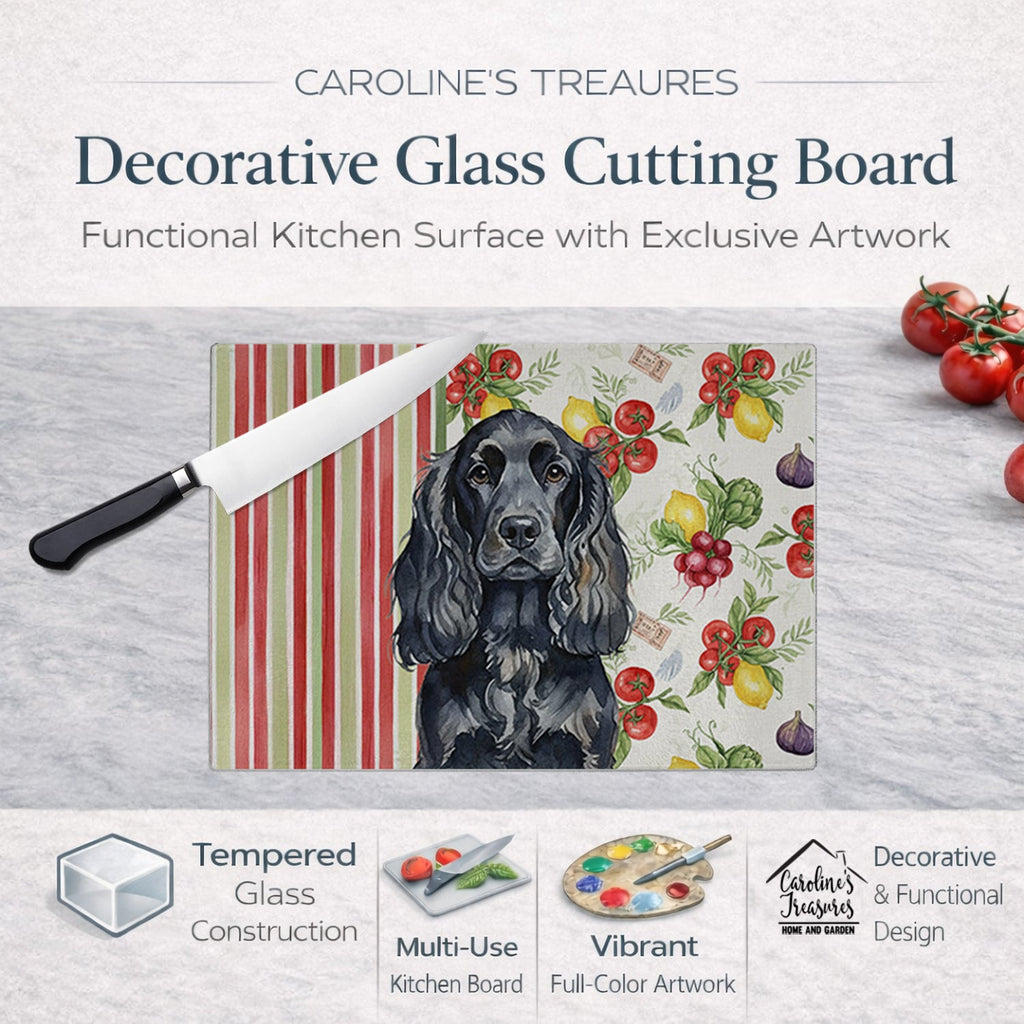Black English Cocker Spaniel Vegetables Cutting Board Tempered Glass Kitchen Cutting Surface, Heat Resistant Chopping, Non-Slip Feet, Food Prep & Serving