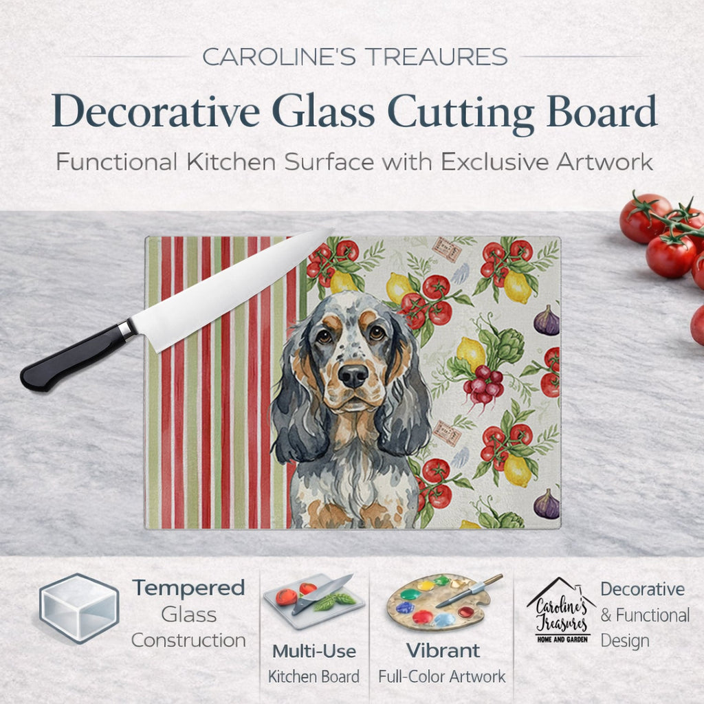 Blue Roan & Tan English Cocker Spaniel Vegetables Cutting Board Tempered Glass Kitchen Cutting Surface, Heat Resistant Chopping, Non-Slip Feet, Food Prep & Serving