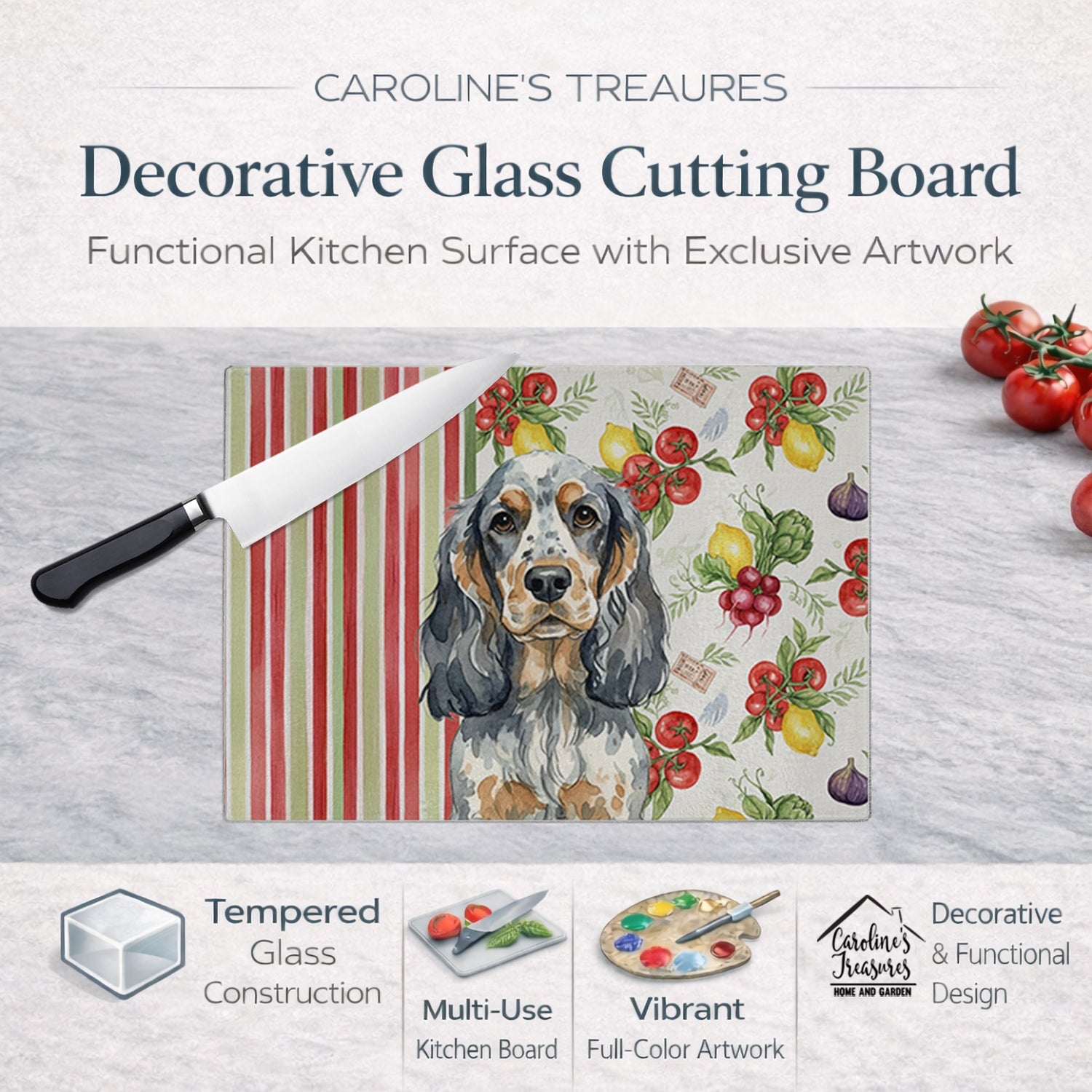 Blue Roan & Tan English Cocker Spaniel Vegetables Cutting Board Tempered Glass Kitchen Cutting Surface, Heat Resistant Chopping, Non-Slip Feet, Food Prep & Serving