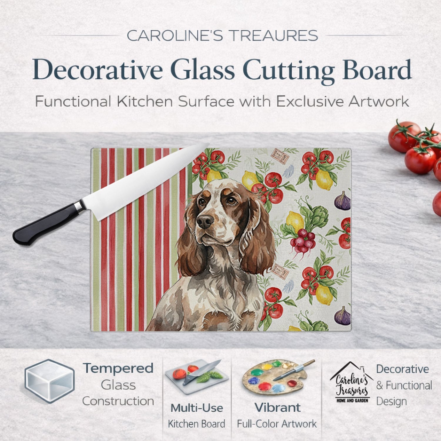 Liver Roan English Cocker Spaniel Vegetables Cutting Board Tempered Glass Kitchen Cutting Surface, Heat Resistant Chopping, Non-Slip Feet, Food Prep & Serving
