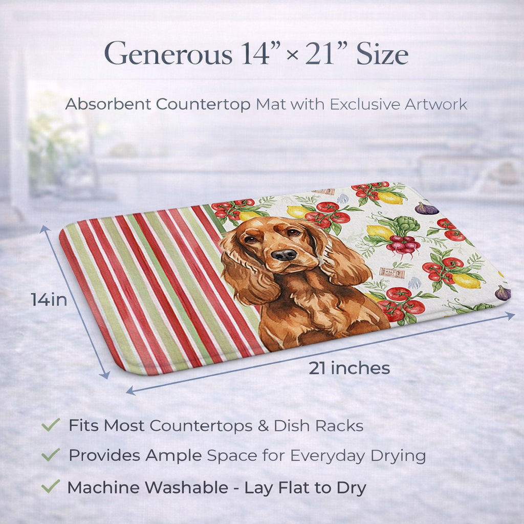 Red English Cocker Spaniel Vegetables Dish Drying Mat Absorbent Dish Drying Mat Pad for Kitchen Counter Dish Drainer Mat for Countertop, 14 x 21", Multicolor