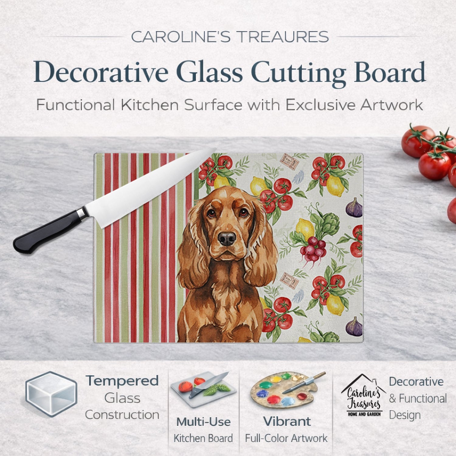 Red English Cocker Spaniel Vegetables Cutting Board Tempered Glass Kitchen Cutting Surface, Heat Resistant Chopping, Non-Slip Feet, Food Prep & Serving