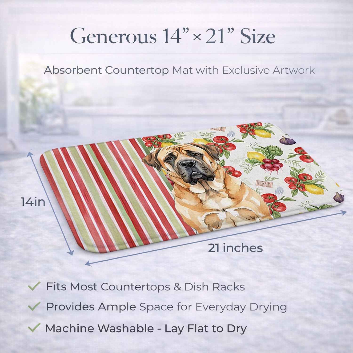 Apricot English Mastiff Vegetables Dish Drying Mat Absorbent Dish Drying Mat Pad for Kitchen Counter Dish Drainer Mat for Countertop, 14 x 21", Multicolor