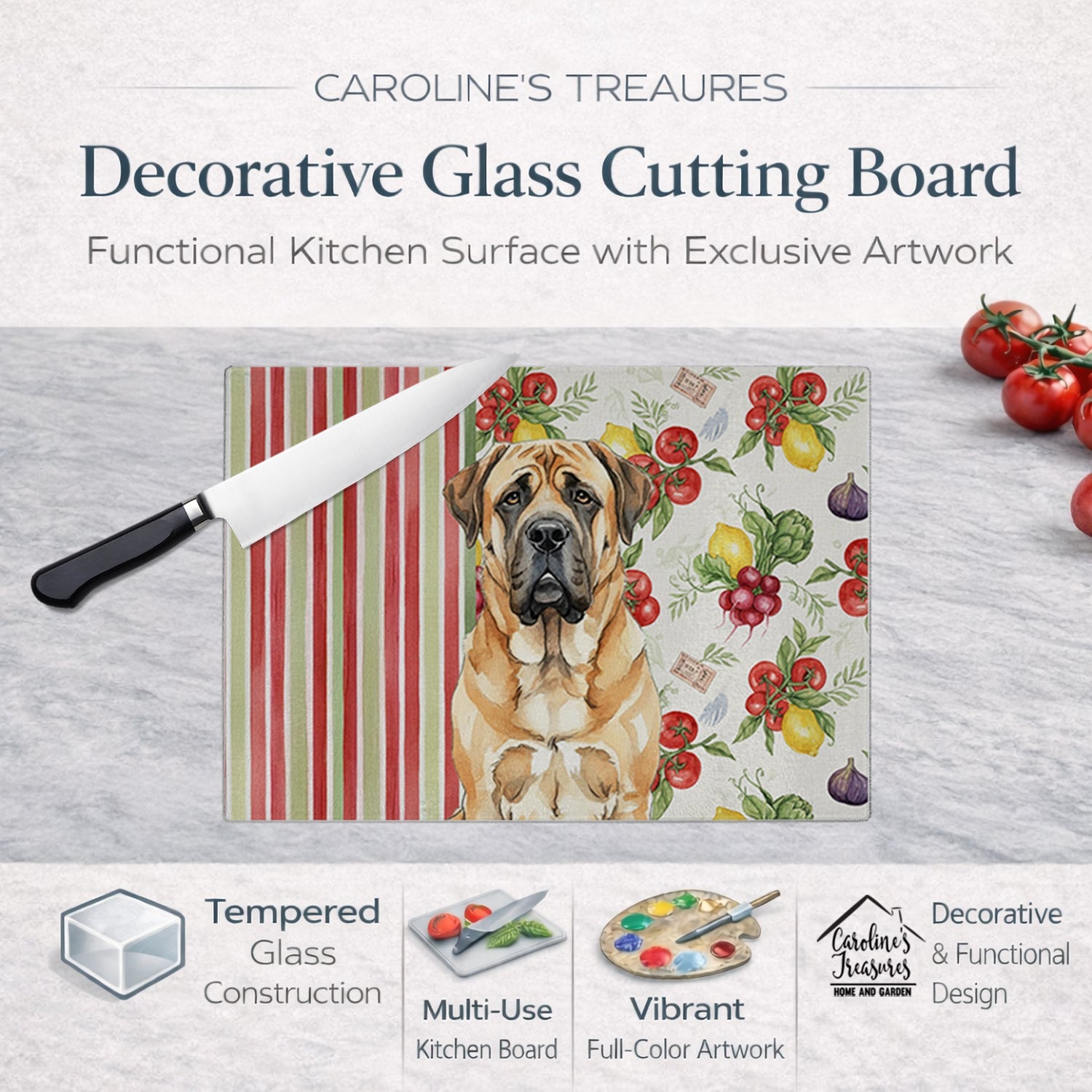 Apricot English Mastiff Vegetables Cutting Board Tempered Glass Kitchen Cutting Surface, Heat Resistant Chopping, Non-Slip Feet, Food Prep & Serving