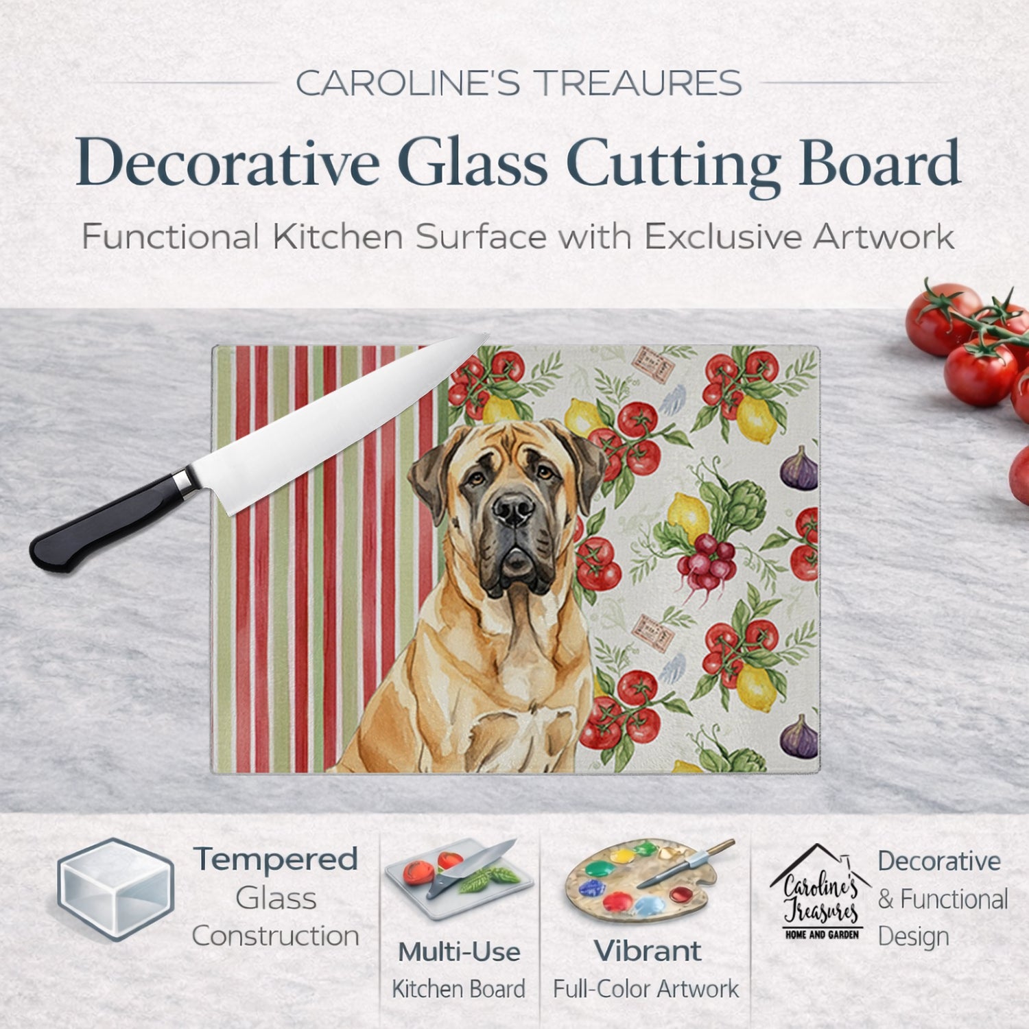 Fawn English Mastiff Vegetables Cutting Board Tempered Glass Kitchen Cutting Surface, Heat Resistant Chopping, Non-Slip Feet, Food Prep & Serving