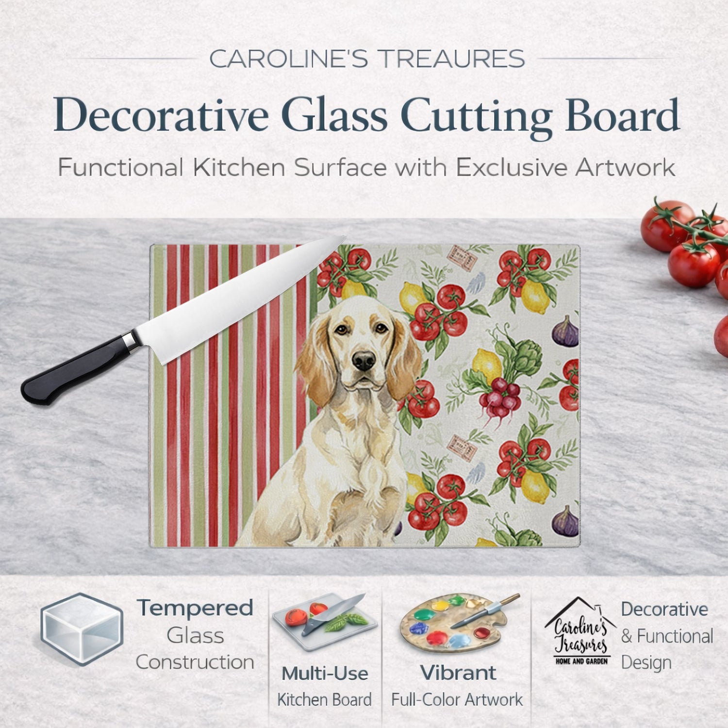 Lemon Belton English Setter Vegetables Cutting Board Tempered Glass Kitchen Cutting Surface, Heat Resistant Chopping, Non-Slip Feet, Food Prep & Serving