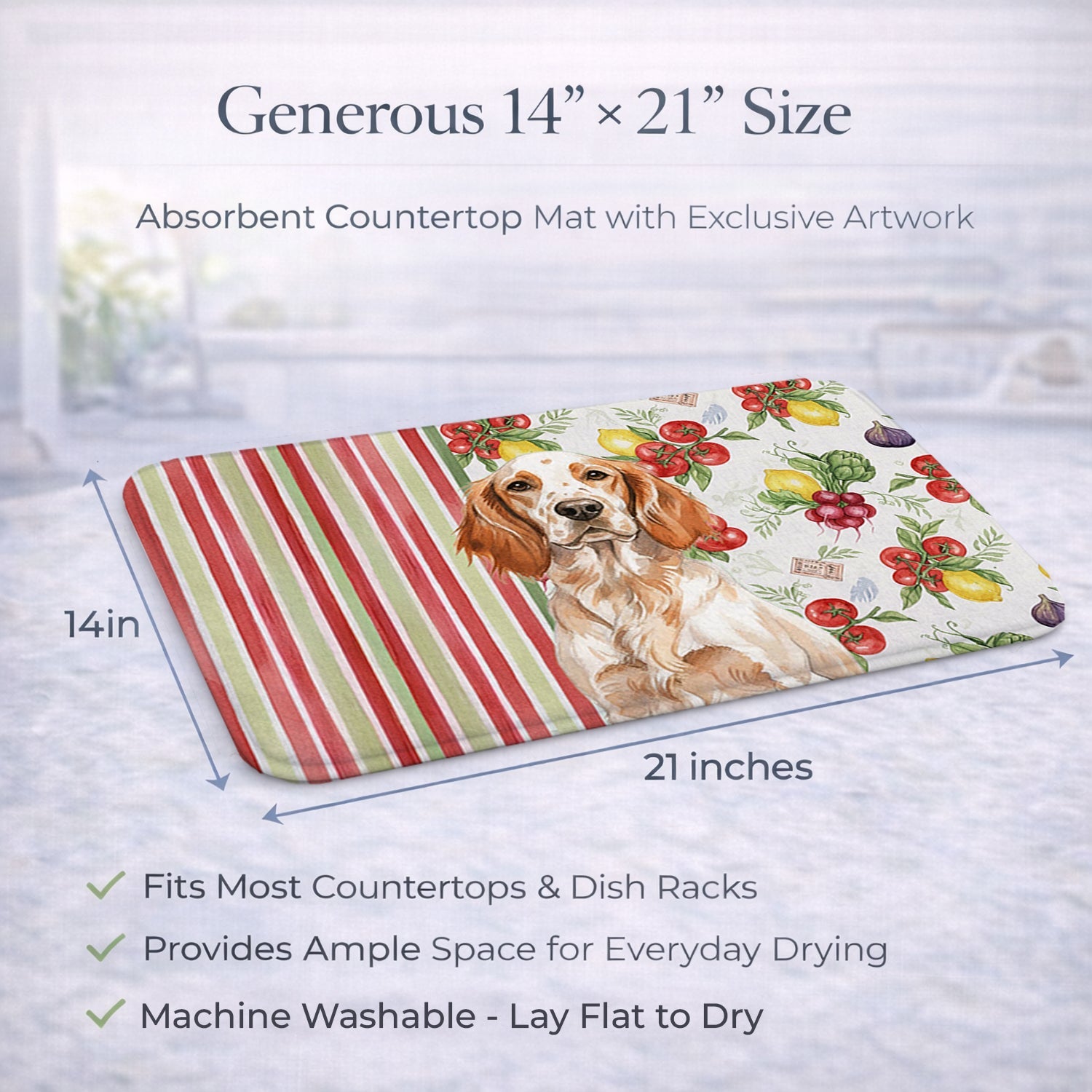 Orange Belton English Setter Vegetables Dish Drying Mat Absorbent Dish Drying Mat Pad for Kitchen Counter Dish Drainer Mat for Countertop, 14 x 21", Multicolor
