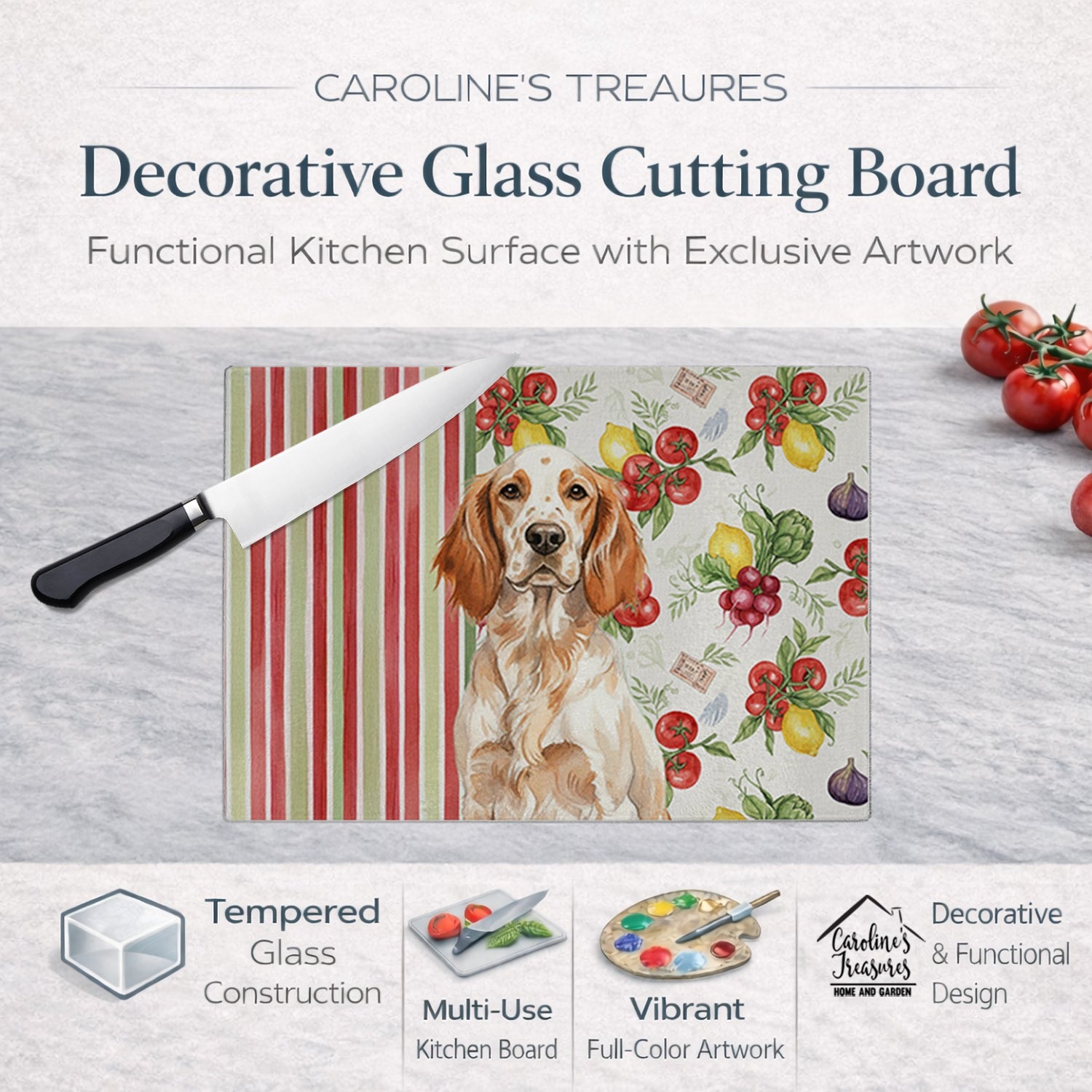Orange Belton English Setter Vegetables Cutting Board Tempered Glass Kitchen Cutting Surface, Heat Resistant Chopping, Non-Slip Feet, Food Prep & Serving