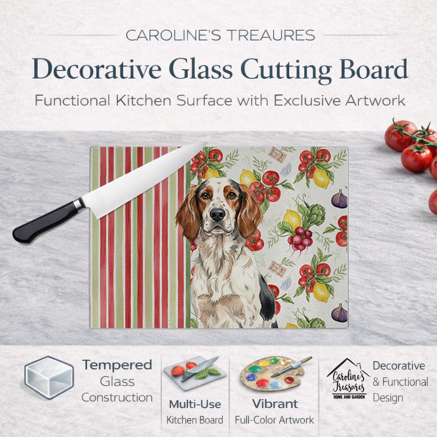 Tricolor English Setter Vegetables Cutting Board Tempered Glass Kitchen Cutting Surface, Heat Resistant Chopping, Non-Slip Feet, Food Prep & Serving