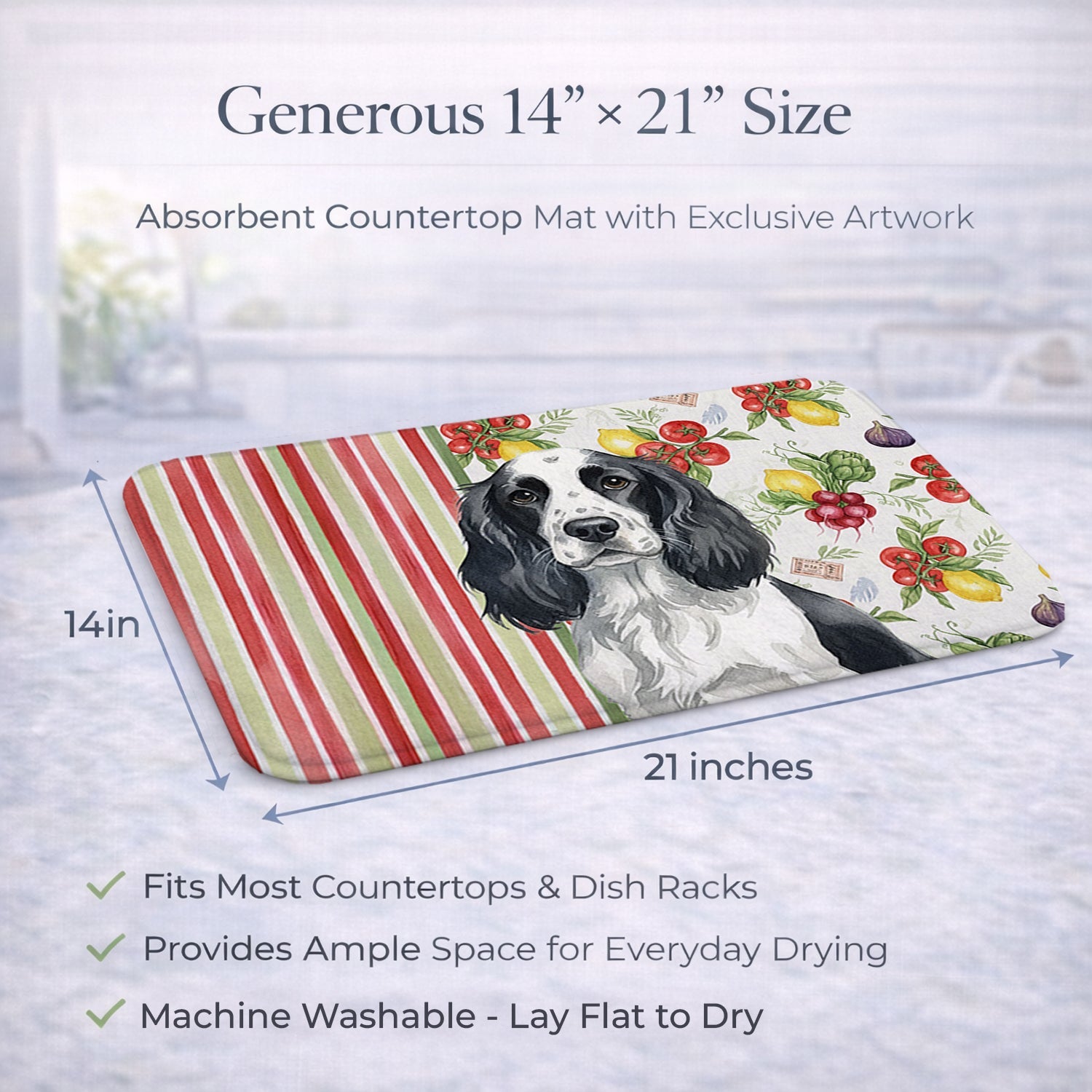 Black and White English Springer Spaniel Vegetables Dish Drying Mat Absorbent Dish Drying Mat Pad for Kitchen Counter Dish Drainer Mat for Countertop, 14 x 21", Multicolor