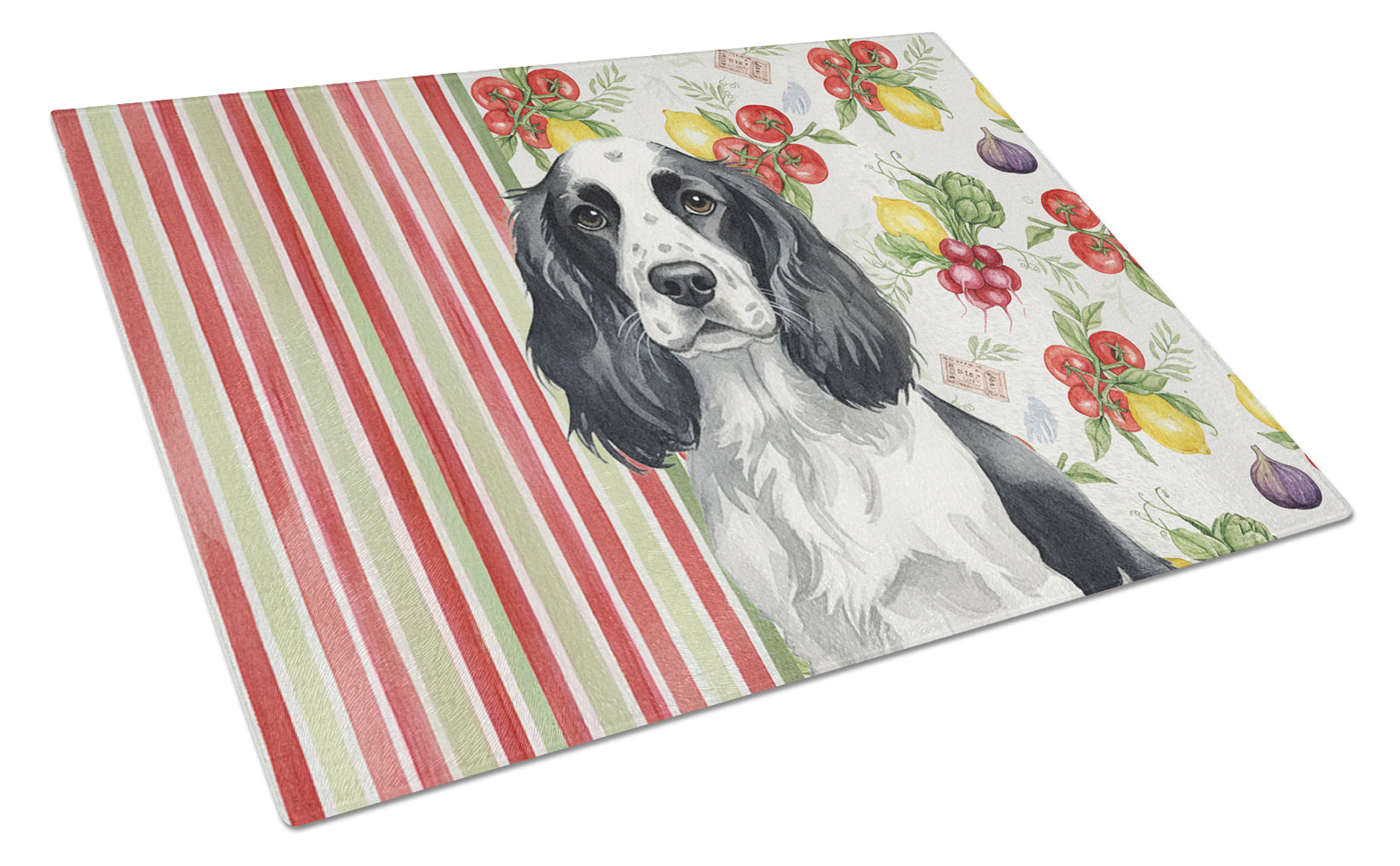 Black and White English Springer Spaniel Vegetables Cutting Board Tempered Glass Kitchen Cutting Surface, Heat Resistant Chopping, Non-Slip Feet, Food Prep & Serving