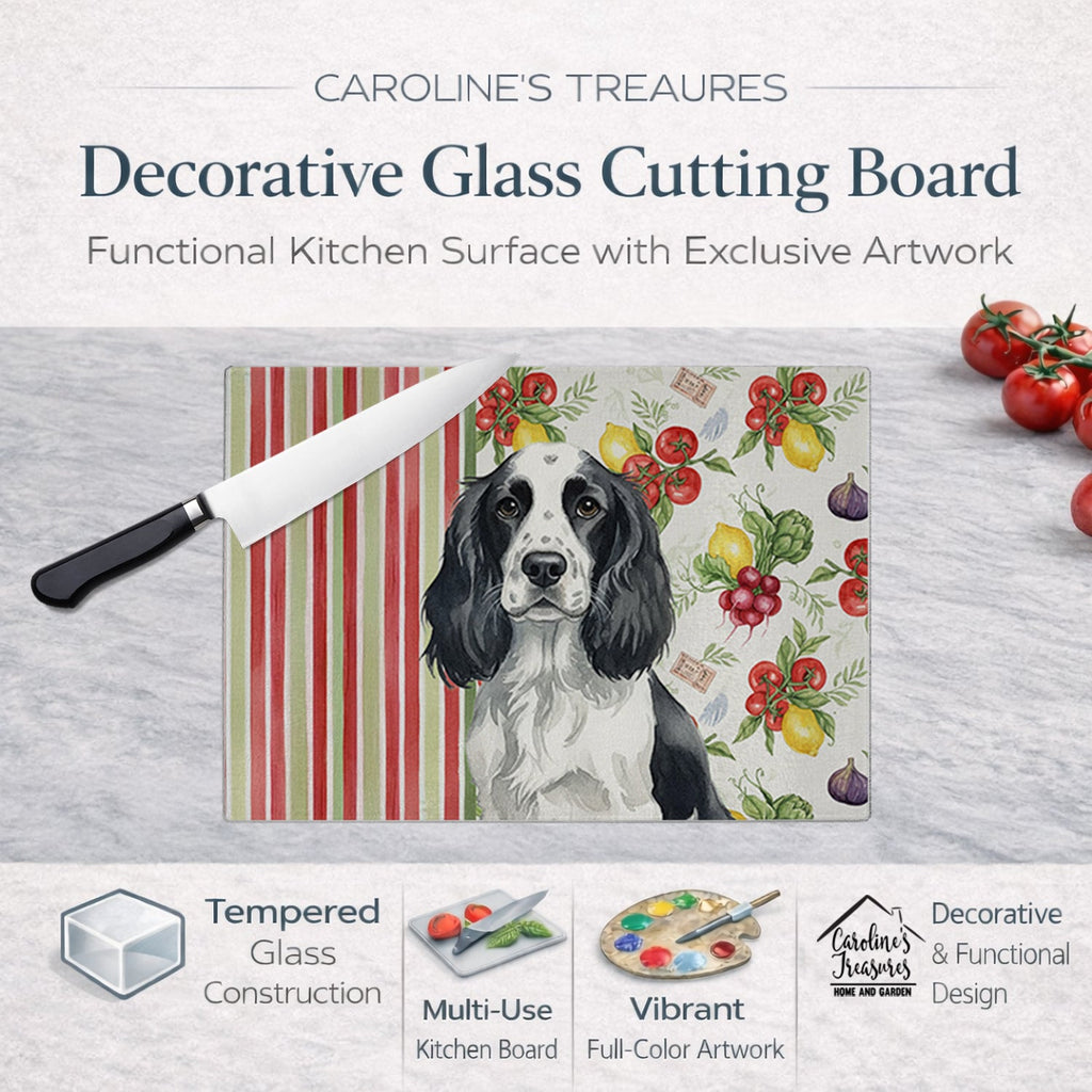 Black and White English Springer Spaniel Vegetables Cutting Board Tempered Glass Kitchen Cutting Surface, Heat Resistant Chopping, Non-Slip Feet, Food Prep & Serving