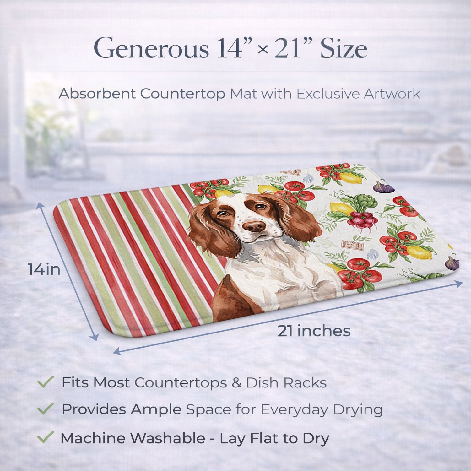 Liver and White English Springer Spaniel Vegetables Dish Drying Mat Absorbent Dish Drying Mat Pad for Kitchen Counter Dish Drainer Mat for Countertop, 14 x 21", Multicolor