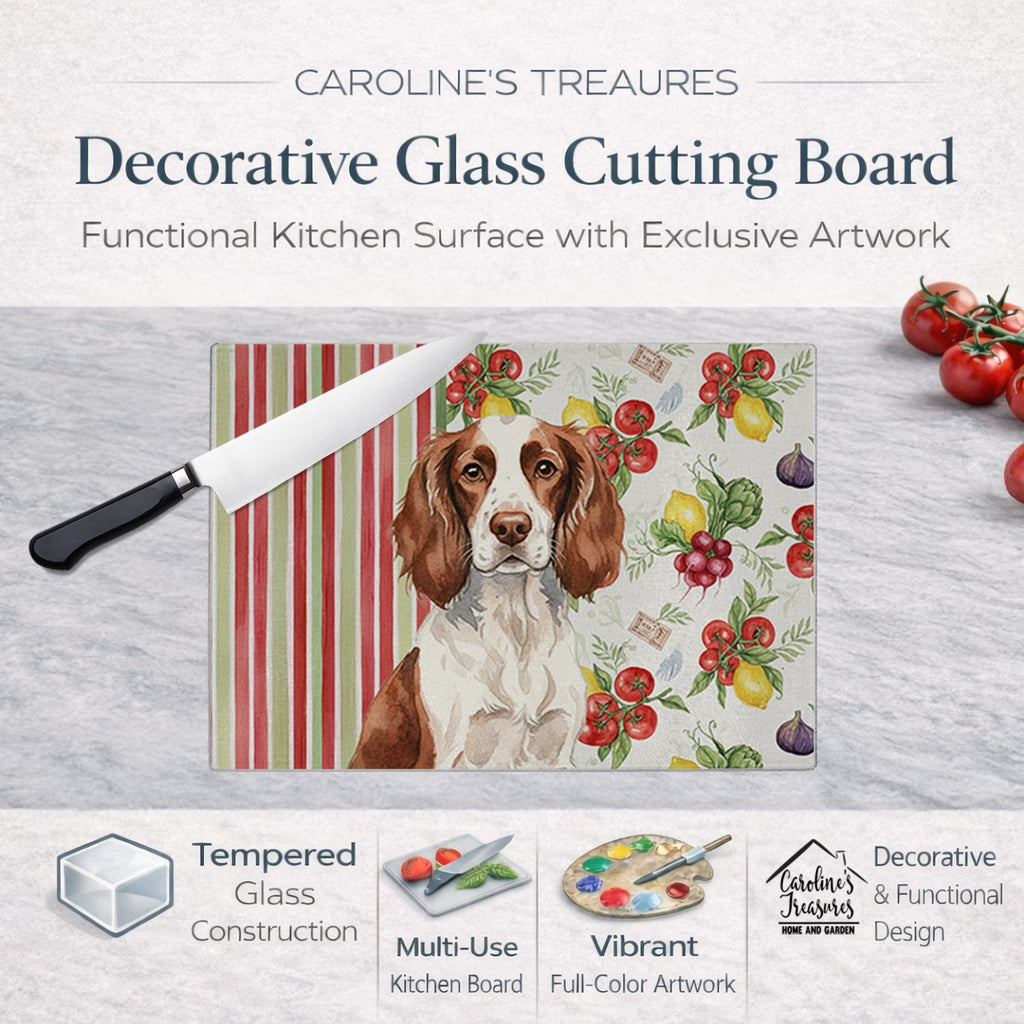 Liver and White English Springer Spaniel Vegetables Cutting Board Tempered Glass Kitchen Cutting Surface, Heat Resistant Chopping, Non-Slip Feet, Food Prep & Serving