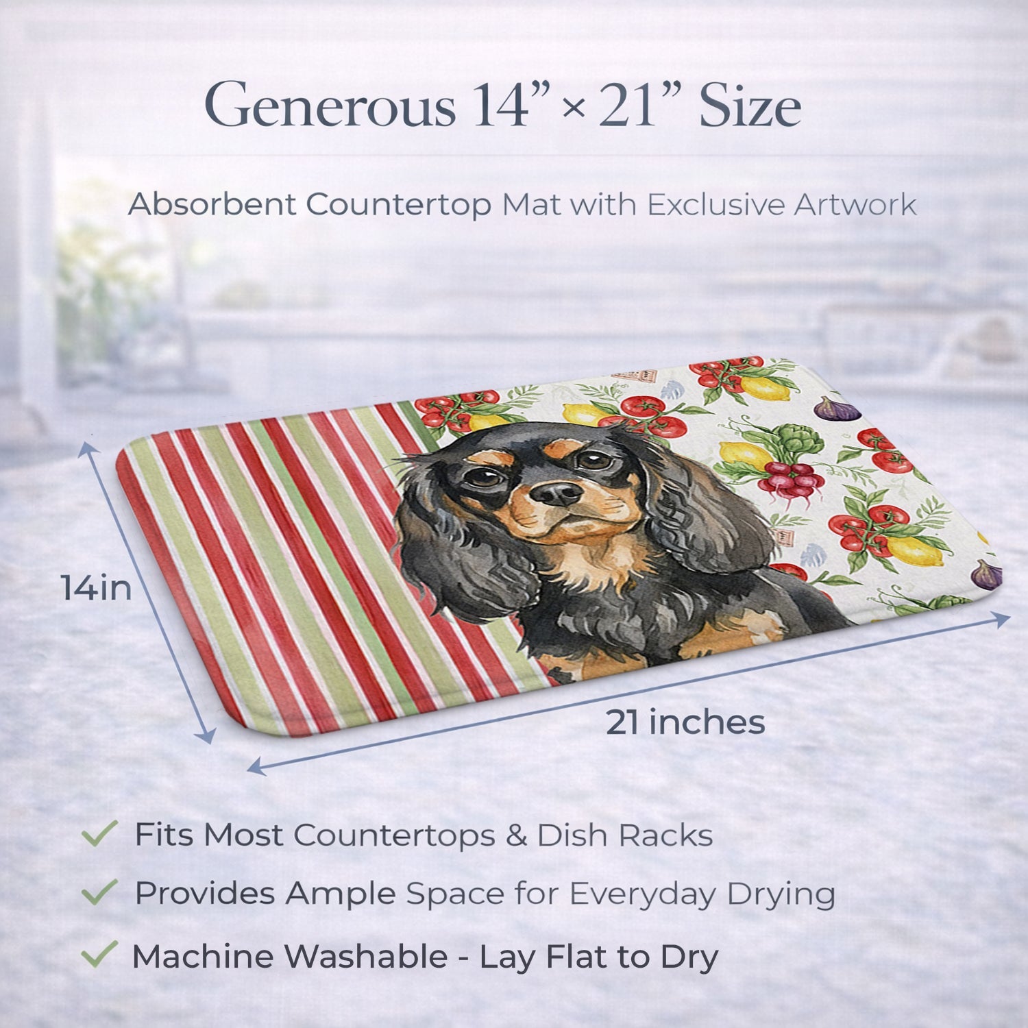 Black and Tan English Toy Spaniel Vegetables Dish Drying Mat Absorbent Dish Drying Mat Pad for Kitchen Counter Dish Drainer Mat for Countertop, 14 x 21", Multicolor