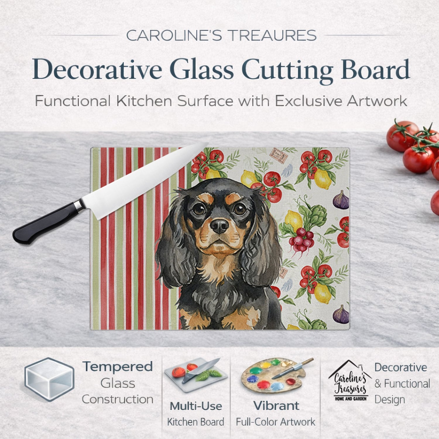 Black and Tan English Toy Spaniel Vegetables Cutting Board Tempered Glass Kitchen Cutting Surface, Heat Resistant Chopping, Non-Slip Feet, Food Prep & Serving