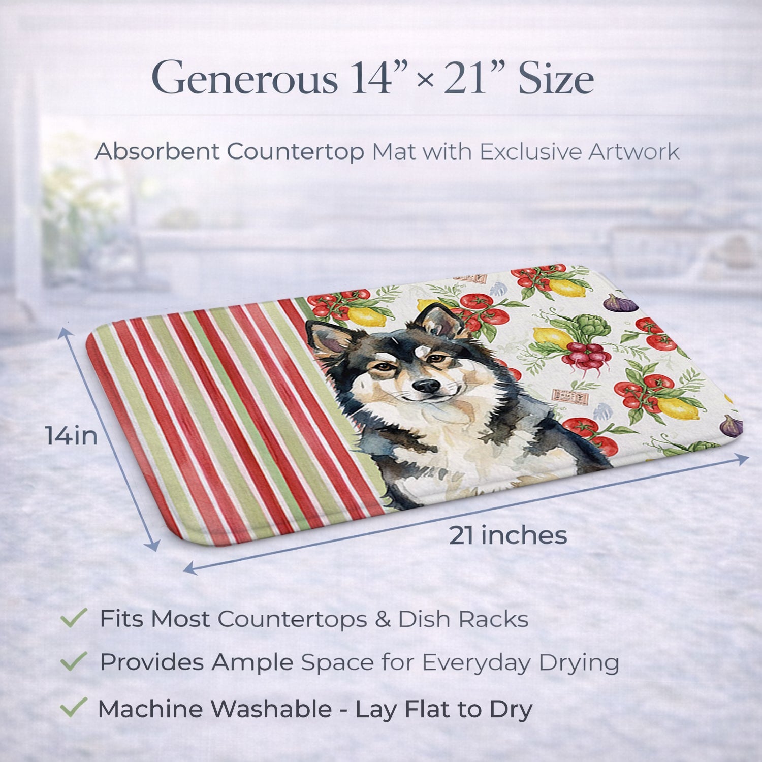 Finnish Lapphund Vegetables Dish Drying Mat Absorbent Dish Drying Mat Pad for Kitchen Counter Dish Drainer Mat for Countertop, 14 x 21", Multicolor